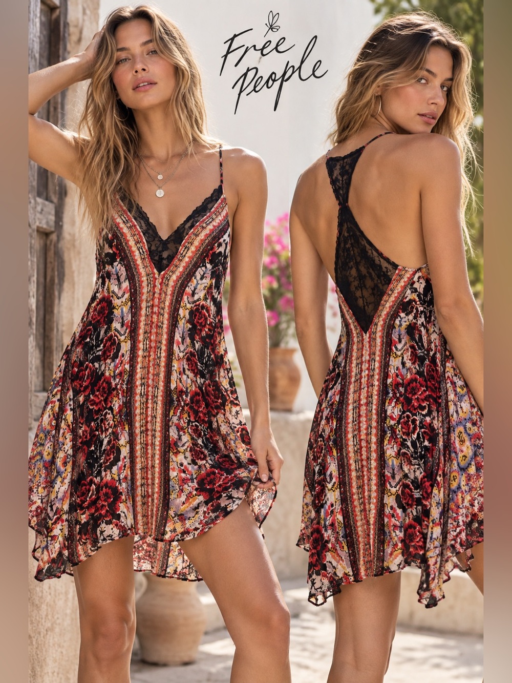 Free People Love Bird Printed Lace Back Cami Mini Dress Boho Red Black XS